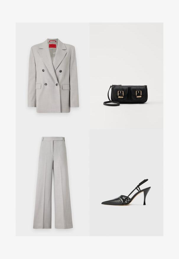 Világosszürke, kétsoros blézer, struktúrált anyagból, kiszélesedő gallérral, két elülső zsebbel és fekete gombokkal.; Fehér ujjatlan felső vékony pántokkal, bordás pamutszövetből készült, egyenes dekoltázzsal és tiszta véggel az alján.; Világosszürke, széles szárú nadrág sima textúrával, igényes derékkal és elülső hajtással a kifinomult megjelenés érdekében.; Fekete bőr magassarkú slingback cipő, hegyes orral, keresztbe fonott pántos dizájnnal és vékony tűs sarkakkal. Sima felület és minimális díszítés.; Fekete bőr keresztbody táska két elülső zsebbel, arany csattokkal, cipzáras záródással és vékony pánttal. Textúrált felület és kompakt téglalap alak.