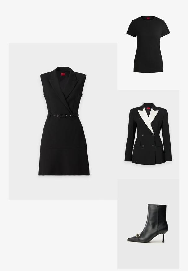 Sort blazer med dobbeltknapning i front, hvid sjalslape, to forlommer og sorte knapper. Lavet af struktureret stof.; Sort skræddersyet kjole med ærmeløst design, reverskrave, belted talje og glat tekstur. Har en tætsiddende silhuet og en svungen kant.; Sort bomulds T-shirt med korte opklappede ærmer, rund halsudskæring og et rødt mærke. Glat tekstur, tætsiddende form med minimal detaljer.; Sort læder ankelstøvle med spidse tæer, slank hæl i mellemhøjde og sølvspænde detaljer på siden mod en ensfarvet baggrund.