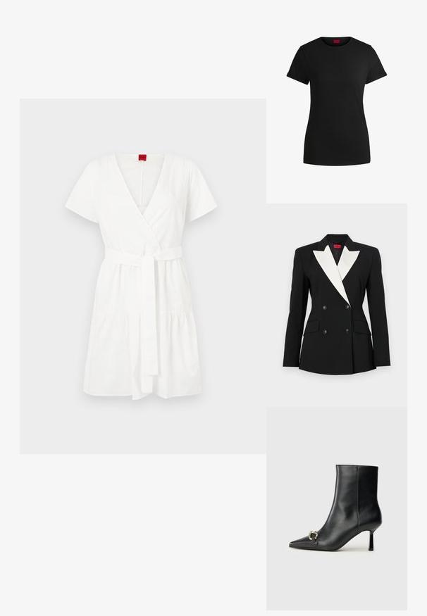 Fekete blézer dupla gombolású elülső résszel, fehér sálképű gallérral, két elülső zsebből és fekete gombokkal. Merev anyagból készült.; Fehér pamut pólyadrág, rövid ujjal, V-nyakkivágással, övvel ellátott derékkal és redőzött szegéllyel.; Fekete pamut póló rövid felgöngyölt mangaszalaggal, kerek nyakkivágással és piros címkével. Sima textúra, megformált szabás minimális részletezéssel.; Fekete bőr bokacsizma hegyes orral, vékony közép magasságú sarokkal és ezüst csattal az oldalon, sima háttér előtt.