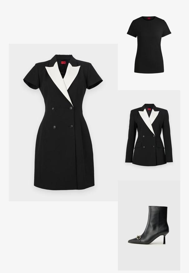 Čierny blejzer s dvojitým predným zapínaním, bielym šálovým klopom, dvomi prednými vreckami a čiernymi gombíkmi. Vyrobený z pevnej látky.; Čierne dvojradové šaty s krátkymi rukávmi, bielymi šálovými klopami a čiernymi gombíkmi. Strih priliehavý k telu s pevnou konštrukciou.; Čierne bavlnené tričko s krátkymi rolovanými rukávmi, okrúhlym výstrihom a červenou nášivkou. Hladká textúra, priliehavý strih s minimálnymi detailmi.; Čierna kožená členková obuv s špicatou špičkou, štíhlým stredne vysokým podpätkom a striebornou sponou na boku na jednoduchom pozadí.