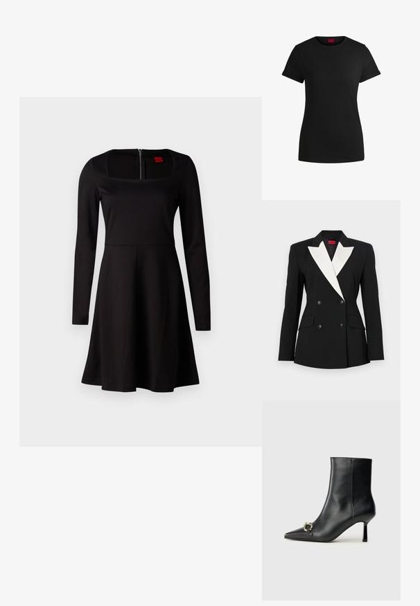Svart blazer med dobbelspent front, hvit sjal-lapel, to frontlommer og svarte knapper. Laget av strukturert stoff.; Svart langermet kjole med firkantet utringning, tettsittende liv, utsvingt skjørt, og glidelås bak. Glatt stofftekstur uten mønstre.; Svart bomulls-t-skjorte med korte, rullede ermer, rund halslinning og rød etikett. Glatt tekstur, tettsittende fasong med minimale detaljer.; Sorte lær ankle boot med spiss tå, slank mid-høyde hæl og sølvspenne på siden mot en enkel bakgrunn.