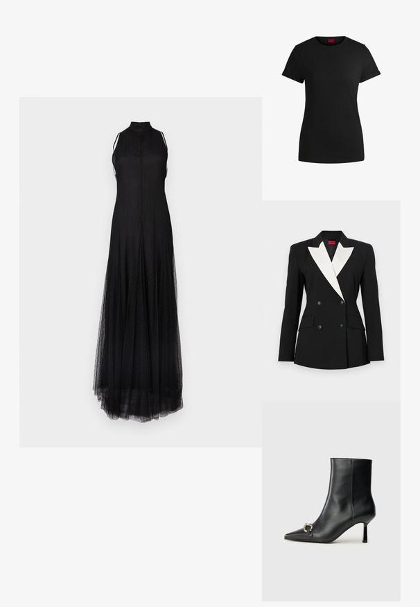 Black blazer with double-breasted front, white shawl lapel, two front pockets, and black buttons. Made of structured fabric.; Long black dress with a high neckline, sleeveless design, and sheer tulle overlay. Features a subtle textured pattern throughout.; Black cotton t-shirt with short rolled sleeves, a round neckline, and a red label. Smooth texture, fitted shape with minimal detailing.; Black leather ankle boot with pointed toe, slim mid-height heel, and silver buckle detail on side against plain background.