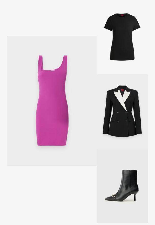Czarny żakiet z podwójnym zapięciem, białym szalowym kołnierzem, dwiema przednimi kieszeniami i czarnymi guzikami. Wykonany z usztywnionego materiału.; Dopasowana sukienka bez rękawów w intensywnym różowym kolorze z kwadratowym dekoltem i gładką fakturą. Projekt charakteryzuje się sylwetką bodycon i minimalną ilością detali.; Czarna bawełniana koszulka z krótkimi, podwiniętymi rękawami, okrągłym dekoltem i czerwoną metką. Gładka tekstura, dopasowany fason z minimalnymi detalami.; Czarny skórzany botek za kostkę z szpiczastym noskiem, smukłym średnim obcasem i srebrnym zapięciem po boku na jednolitym tle.