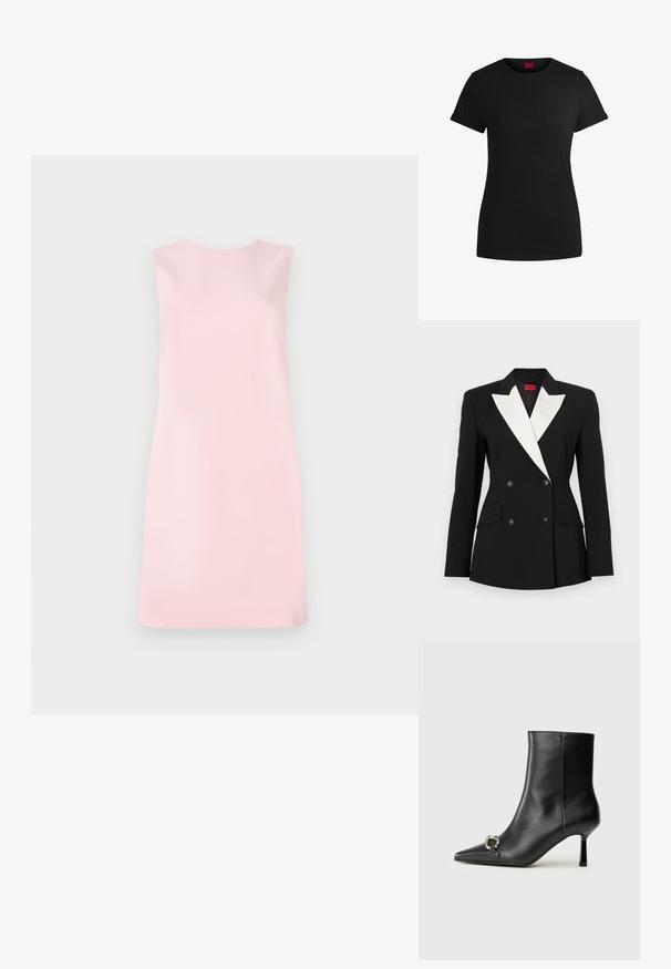Sacou negru cu față dublă, rever alb, două buzunare frontale și butoane negre. Fabricat dintr-un material structurat.; Rochie fără mâneci dintr-un material roz pal, cu o formă simplă în A, decolteu rotund și textură netedă, fără modele sau embellishments.; Tricou din bumbac negru, cu mâneci scurte și răsucite, decolteu rotund și etichetă roșie. Textură netedă, formă ajustată și detalii minime.; Botine negre din piele, cu vârf ascuțit, toc subțire de înălțime medie și detaliu cu cataramă argintie pe lateral, pe un fundal simplu.