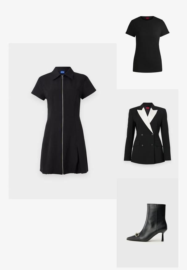 Blazer nero con davanti doppiopetto, risvolto bianco, due tasche frontali e bottoni neri. Realizzato in tessuto strutturato.; Abito nero con maniche corte, zip frontale, colletto e spacco laterale. Realizzato in tessuto morbido, presenta un logo discreto sul petto.; T-shirt in cotone nero con maniche corte arrotolate, scollatura rotonda e etichetta rossa. Texture liscia, forma aderente con dettagli minimi.; Stivale alla caviglia in pelle nera con punta affusolata, tacco sottile di media altezza e dettaglio in fibbia argentata sul lato, su sfondo semplice.