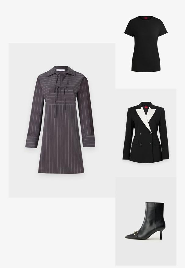 Črn blazer z dvojno zapenjanjem spredaj, belim šalom, dvema sprednjima žepoma in črnimi gumbi. Narejen iz strukturirane tkanine.; Siva dolga obleka z dolgimi rokavi in belimi navpičnimi črtami, z ostrim ovratnikom, zavezanjem na vratu in ravnim silhueto. Gladka tekstura blaga.; Črna bombažna majica s kratkimi zavihanimi rokavi, okroglo izrezom in rdečo oznako. Gladka tekstura, prilegan kroj z minimalnimi detajli.; Črne usnjene gležnjarje s koničastim nosom, ozkim srednjem petam in srebrno zaponko na strani na enobarvni podlagi.