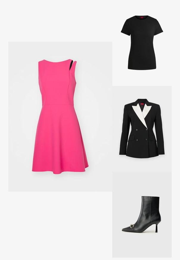 Čierny blejzer s dvojitým predným zapínaním, bielym šálovým klopom, dvomi prednými vreckami a čiernymi gombíkmi. Vyrobený z pevnej látky.; Ružové šaty bez rukávov s priliehavým korzetom a rozšírenou sukňou. Vyrobené z hladkej tkaniny, s jemným asymetrickým dizajnom ramena.; Čierne bavlnené tričko s krátkymi rolovanými rukávmi, okrúhlym výstrihom a červenou nášivkou. Hladká textúra, priliehavý strih s minimálnymi detailmi.; Čierna kožená členková obuv s špicatou špičkou, štíhlým stredne vysokým podpätkom a striebornou sponou na boku na jednoduchom pozadí.