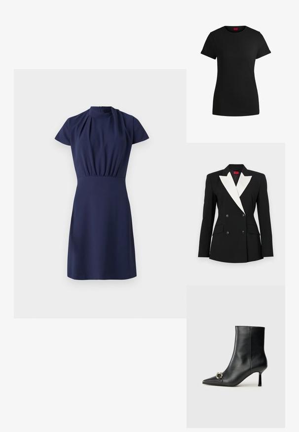Sort blazer med dobbeltknapning i front, hvid sjalslape, to forlommer og sorte knapper. Lavet af struktureret stof.; Marine kjole med korte ærmer, høj halsudskæring og samlede talje. Glat tekstur og knælangt nederdel med skjult lynlås i ryggen.; Sort bomulds T-shirt med korte opklappede ærmer, rund halsudskæring og et rødt mærke. Glat tekstur, tætsiddende form med minimal detaljer.; Sort læder ankelstøvle med spidse tæer, slank hæl i mellemhøjde og sølvspænde detaljer på siden mod en ensfarvet baggrund.