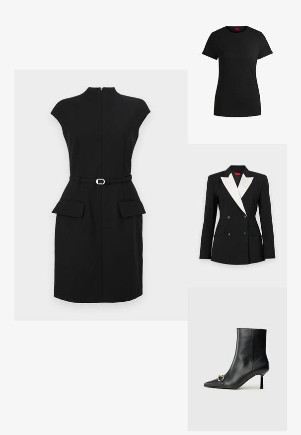 Fekete blézer dupla gombolású elülső résszel, fehér sálképű gallérral, két elülső zsebből és fekete gombokkal. Merev anyagból készült.; Fekete, testhezálló ruha magas nyakkivágással, kis ujjakkal, övvel hangsúlyozott derékkal és két elülső zsebbel. Simaságával és testre szabott sziluettjével készült.; Fekete pamut póló rövid felgöngyölt mangaszalaggal, kerek nyakkivágással és piros címkével. Sima textúra, megformált szabás minimális részletezéssel.; Fekete bőr bokacsizma hegyes orral, vékony közép magasságú sarokkal és ezüst csattal az oldalon, sima háttér előtt.