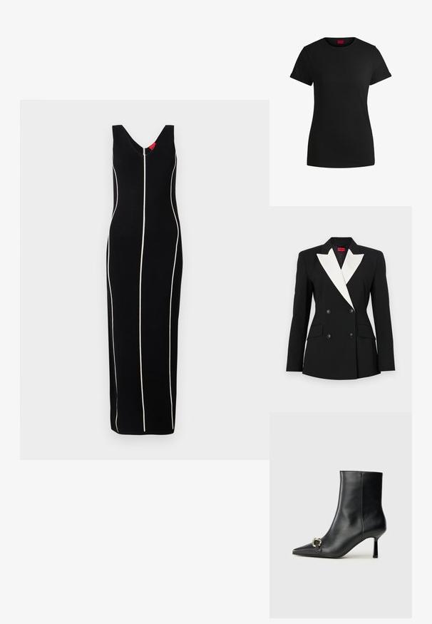 Svart blazer med dobbelspent front, hvit sjal-lapel, to frontlommer og svarte knapper. Laget av strukturert stoff.; Svart ermeløs kjole med V-hals design, vertikale hvite striper, og en figursydd silhuett. Glatt stoff med en subtil glans.; Svart bomulls-t-skjorte med korte, rullede ermer, rund halslinning og rød etikett. Glatt tekstur, tettsittende fasong med minimale detaljer.; Sorte lær ankle boot med spiss tå, slank mid-høyde hæl og sølvspenne på siden mot en enkel bakgrunn.
