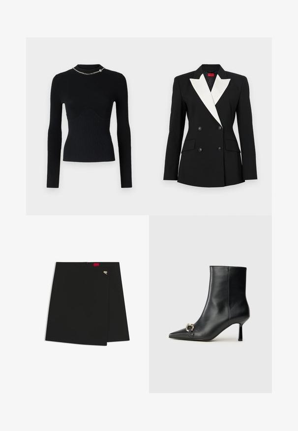 Sacou negru cu față dublă, rever alb, două buzunare frontale și butoane negre. Fabricat dintr-un material structurat.; Tricou negru cu maneci lungi, cu o siluetă ajustată și un guler rotund. Prezintă un accent cu lanț în apropierea gulerului. Textură moale.; Tricou din bumbac negru, cu mâneci scurte și răsucite, decolteu rotund și etichetă roșie. Textură netedă, formă ajustată și detalii minime.; Fustă neagră, înfășurată, cu o textură netedă, având un eticheta logo roșie și un accent din metal argintiu. Design simplu, cu o linie curată.; Botine negre din piele, cu vârf ascuțit, toc subțire de înălțime medie și detaliu cu cataramă argintie pe lateral, pe un fundal simplu.