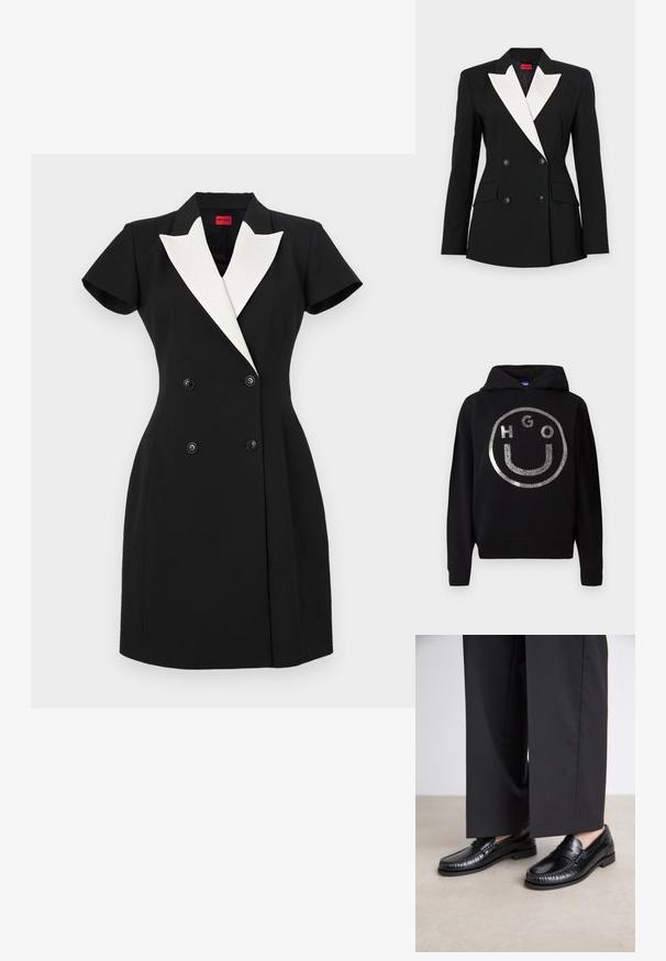 Blazer noir avec un devant croisé, un col châle blanc, deux poches frontales et des boutons noirs. Fabriqué en tissu structuré.; Hoodie noir en matériau doux, arborant un grand design de visage souriant en paillettes argentées avec le texte "HGO" à l'intérieur du cercle.; T-shirt noir en coton avec des manches courtes roulées, un col rond et une étiquette rouge. Texture lisse, forme ajustée avec un minimum de détails.; Robe noire à double boutonnage avec des manches courtes, revers de châle blanc et boutons noirs. Coupe ajustée avec un design structuré.; Mocassins en cuir noir avec une finition lisse, descoutures autour de l'orteil et une semelle en caoutchouc basse. Assortis à un pantalon large noir.