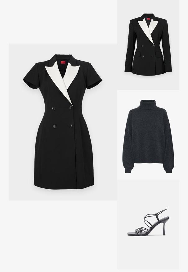 Black blazer with double-breasted front, white shawl lapel, two front pockets, and black buttons. Made of structured fabric.; Gestuz MANZI ROLLNECK - Jumper - deep graphite; Black cotton t-shirt with short rolled sleeves, a round neckline, and a red label. Smooth texture, fitted shape with minimal detailing.; Black double-breasted dress with short sleeves, white shawl lapels, and black buttons. Tailored fit with a structured design.; Black high-heeled sandals feature thin straps with a knotted design, a smooth square toe, and a sleek stiletto heel.