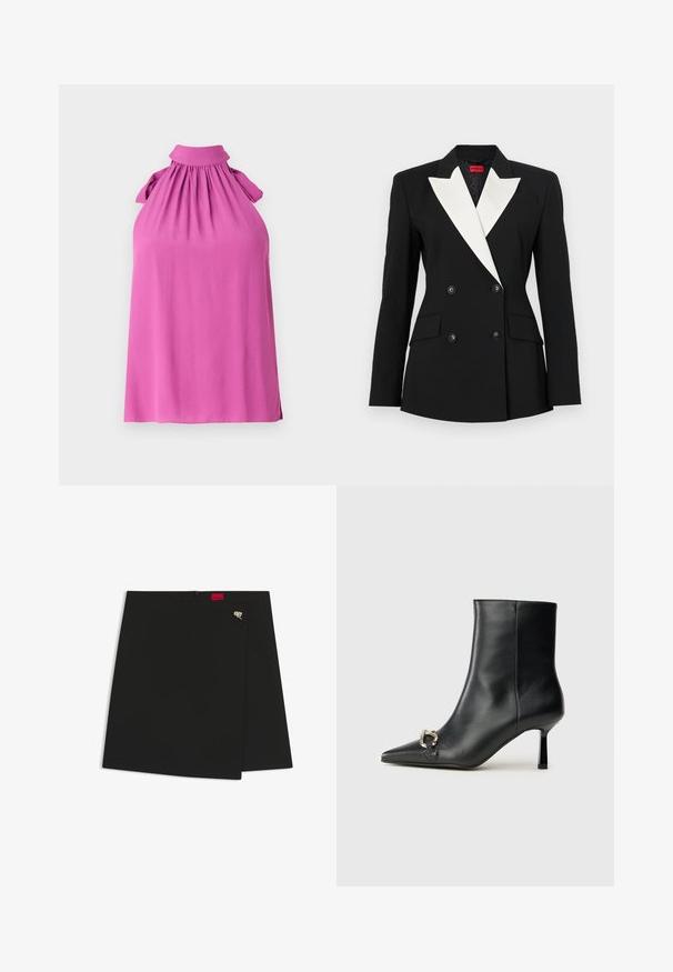 Sacou negru cu față dublă, rever alb, două buzunare frontale și butoane negre. Fabricat dintr-un material structurat.; Top fără mâneci, de un roz vibrant, cu guler înalt, decolteu plisat și accente cu fundițe pe umeri, realizat dintr-un material moale.; Tricou din bumbac negru, cu mâneci scurte și răsucite, decolteu rotund și etichetă roșie. Textură netedă, formă ajustată și detalii minime.; Fustă neagră, înfășurată, cu o textură netedă, având un eticheta logo roșie și un accent din metal argintiu. Design simplu, cu o linie curată.; Botine negre din piele, cu vârf ascuțit, toc subțire de înălțime medie și detaliu cu cataramă argintie pe lateral, pe un fundal simplu.