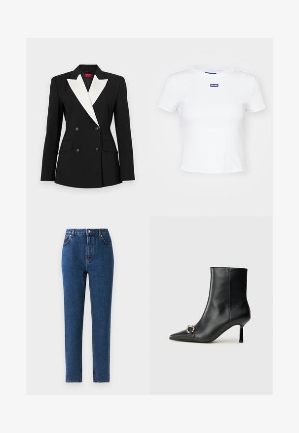 Čierny blejzer s dvojitým predným zapínaním, bielym šálovým klopom, dvomi prednými vreckami a čiernymi gombíkmi. Vyrobený z pevnej látky.; Biela bavlnená tričko s krátkymi rukávmi, okrúhlym výstrihom a modrou obdĺžnikovou nášivkou s nápisom "HUGO" uprostred prednej časti.; Džínsy s vysokým pásom v modrej farbe so straight leg strihom, piatimi vreckami, kovovou gombíkovou priehradkou a prešitými detailmi pozdĺž švov.; Čierna kožená členková obuv s špicatou špičkou, štíhlým stredne vysokým podpätkom a striebornou sponou na boku na jednoduchom pozadí.