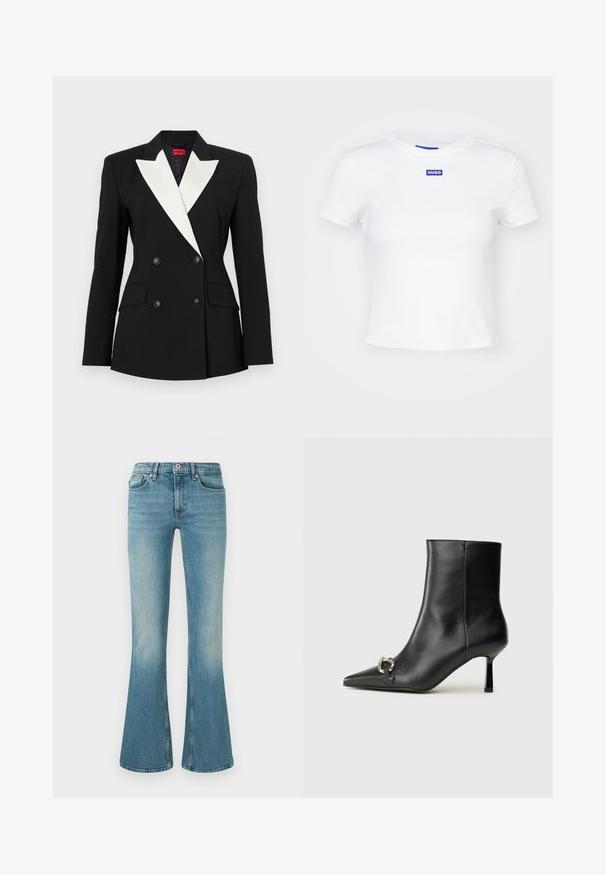 Juodas švarkas su dviguba priekiu, balta šališka apykakle, dviem priekinėm kišenėm ir juodais mygtukais. Pagamintas iš struktūruotos medžiagos.; Balta medvilninė marškinėlių su trumpomis rankovėmis, apvaliu kaklu ir mėlynu stačiakampiu logotipo uždėklu, kuriame parašyta "HUGO" priekyje, centre.; Plačios mėlynos džinsinės kelnės su šviesiu skalbimu, penkios kišenės, siuvinėjimo detalės ir liemuo su knopke bei užtrauktuku.; Juodas odinis apavas iki kulkšnies su smailiu nosiu, plonu vidutinio aukščio kulnu ir sidabriniu sagties akcentu šone, prieš paprastą foną.