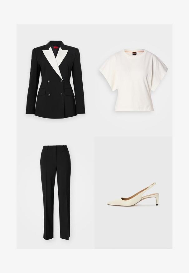 Čierny blejzer s dvojitým predným zapínaním, bielym šálovým klopom, dvomi prednými vreckami a čiernymi gombíkmi. Vyrobený z pevnej látky.; Biely skrátený tričko, krátke široké rukávy, mäkký bavlnený materiál, okrúhly výstrih s jemným oranžovým lemovaním, minimalistický dizajn, bez vzorov alebo grafiky.; Čierne krajčírské nohavice so strihom rovného nohu, s hladkou textúrou a ostrými skladmi pozdĺž prednej časti. Žiadne viditeľné hardvér.; Lodičková obuv so špicatou špičkou v béžovej kože, s nízkym opätkom a vykrojeným dizajnom, hladkou textúrou a minimálnymi akcentmi.