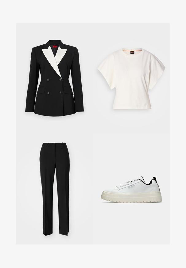 Čierny blejzer s dvojitým predným zapínaním, bielym šálovým klopom, dvomi prednými vreckami a čiernymi gombíkmi. Vyrobený z pevnej látky.; Biely skrátený tričko, krátke široké rukávy, mäkký bavlnený materiál, okrúhly výstrih s jemným oranžovým lemovaním, minimalistický dizajn, bez vzorov alebo grafiky.; Čierne krajčírské nohavice so strihom rovného nohu, s hladkou textúrou a ostrými skladmi pozdĺž prednej časti. Žiadne viditeľné hardvér.; Biele kožené tenisky s hrubou, textúrovanou podošvou so zúbkovaným dizajnom. Čierne akcenty na päte a jazyku pridávajú kontrast.