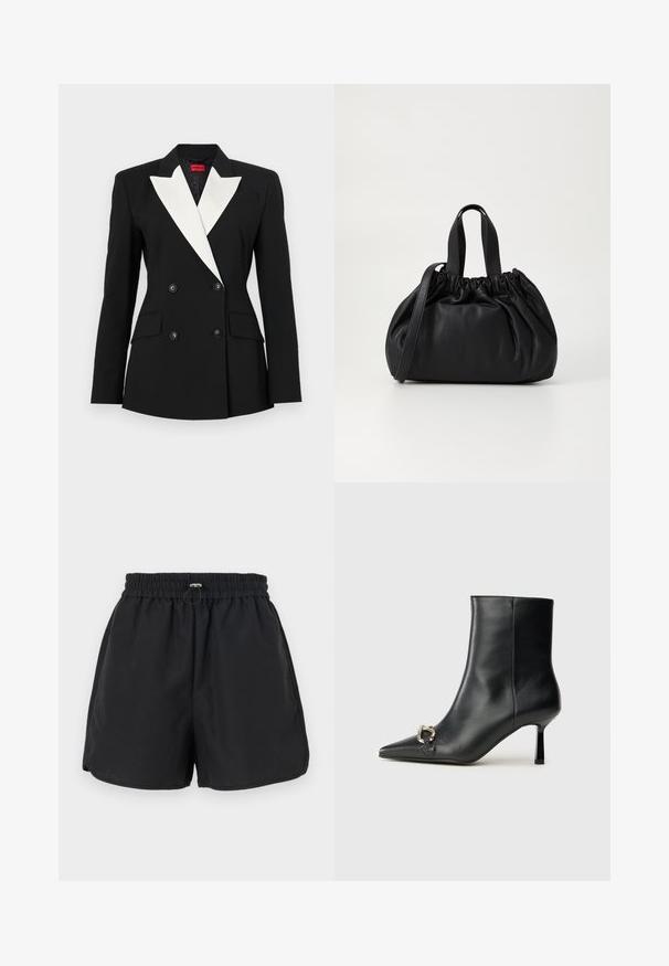 Black blazer with double-breasted front, white shawl lapel, two front pockets, and black buttons. Made of structured fabric.; White short-sleeve t-shirt made of lightweight cotton. Features a round neckline and rolled sleeves. Red logo tag on the collar.; Black shorts with an elastic waistband, drawstring detail, and side slits. Made from lightweight fabric, offering a relaxed fit.; Black leather ankle boot with pointed toe, slim mid-height heel, and silver buckle detail on side against plain background.; Black leather handbag with a gathered top design, featuring two short handles and a long adjustable strap. Smooth texture, rounded shape.