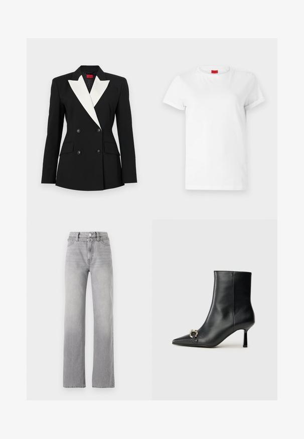 Fekete blézer dupla gombolású elülső résszel, fehér sálképű gallérral, két elülső zsebből és fekete gombokkal. Merev anyagból készült.; Fehér, rövid ujjú póló, könnyű pamutból készült. Kerek nyakkivágással és felgöngyölt ujjakra rendelkezik. Piros logós címke a galléron.; Világosszürke farmernadrág, magas derékkal, egyenes lábbal, finom kopásnyomokkal és klasszikus öt zsebes kialakítással. Fém gomb és cipzáras zárás.; Fekete bőr bokacsizma hegyes orral, vékony közép magasságú sarokkal és ezüst csattal az oldalon, sima háttér előtt.
