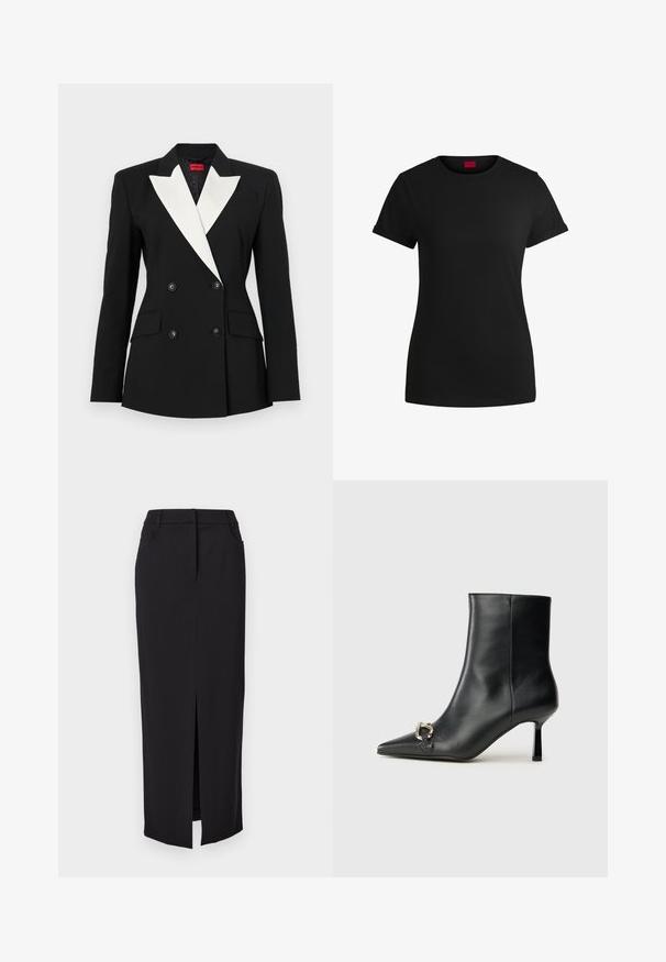 Melna žakete ar divkāršu priekšpusi, baltiem šallētiem klājiem, divām priekšējām kabatām un melniem pogām. Izgatavota no strukturēta auduma.; Melnas kokvilnas t-krekls ar īsām rullējošām piedurknēm, apaļu kakla izgriezumu un sarkanu etiķeti. Gluda tekstūra, pieguļošs siluets ar minimālu dizainu.; Melnas garas svārki, izgatavoti no mīksta auduma, ar priekšējo izgriezumu, divām sānu kabatām, strukturētu jostu un taisnu griezumu.; Melnā ādas potīšu zābaku ar smailu purngalu, šauru vidēja augstuma papēdi un sudraba sprādzi sānos uz vienkrāsaina fona.