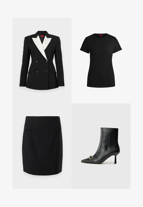 Musternõmber musta bleiseriga, topeltkinnisega esiosa, valge šala krae, kaks eesmist taskut ja mustad nööbid. Valmistatud struktureeritud kangast.; Must must t-särk lühikeste keeratud varrukatega, ümmarguse kaeluse ja punase etiketiga. Sile tekstuur, sobiv kuju minimaalsete detailidega.; Must muströöp, mis on valmistatud siledast kangast, omab keha lähedast disaini, kahte eesmist taskut ja põlviniulatuvat lõike.; Must mustanvärvi nahast pahklinetopp, millel on terav nina, peen keskmise kõrgusega konts ja hõbedane keha detail külgedel, taustal lihtne taust.