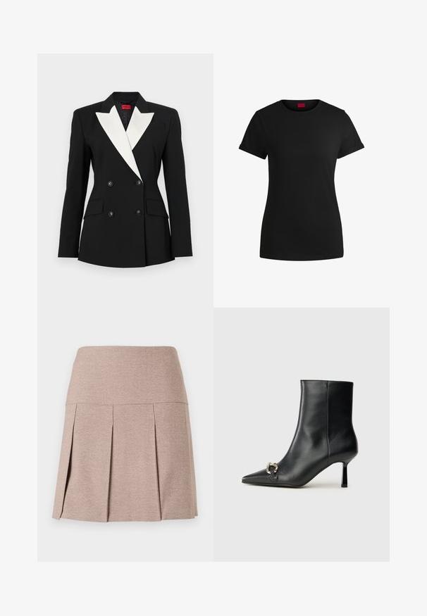 Crni blazer s dvostrukim prednjim kopčanjem, bijelim šalom reverom, dva prednja džepa i crnim dugmadi. Izrađen od čvrstog materijala.; Crna pamučna majica s kratkim rolanim rukavima, okruglim izrezom i crvenom etiketom. Glatka tekstura, uski kroj s minimalnim detaljima.; Naborana suknja u mekoj bež tkanini s glatkim strukom, koja se odlikuje teksturiranim, laganim materijalom i ravnim rubom.; Crne kožne gležnjače s nazupčanim prstom, uskim srednje visokim potpeticama i detaljem srebrne kopče sa strane na jedinstvenoj pozadini.