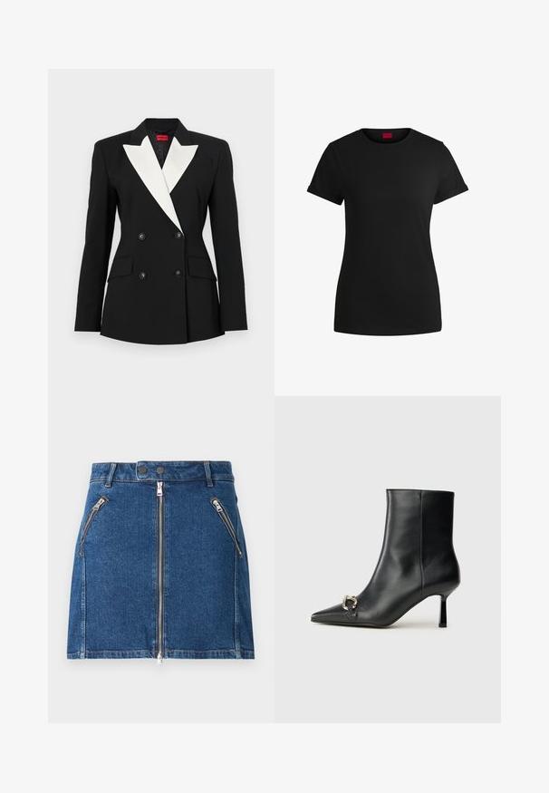 Musta bleiseri, jossa on kaksinkertainen etuosa, valkoinen shaalikaulus, kaksi etutaskua ja mustat napit. Valmistettu jämäkästä kankaasta.; Mustapaita, jossa on lyhyet käärityt hihat, pyöreä kaula-aukko ja punainen etiketti. Sileä pinta, istuva muoto ja minimaalinen yksityiskohtaisuus.; Tummansininen farkkuhame, jossa on kaksi etupuutetta vetoketjulla ja keskellä vetoketjukiinnitys. Hameessa on suora leikkaus ja vähäistä ompeluyksityiskohtaa.; Musta nahkasaapas nilkkapituisilla, terävillä kärjillä, hoikalla keskipituisella korolla ja hopeavöillä sivussa yksinkertaista taustaa vasten.