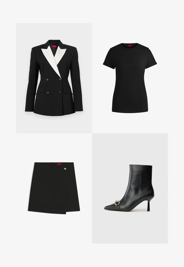 Blazer nero con davanti doppiopetto, risvolto bianco, due tasche frontali e bottoni neri. Realizzato in tessuto strutturato.; T-shirt in cotone nero con maniche corte arrotolate, scollatura rotonda e etichetta rossa. Texture liscia, forma aderente con dettagli minimi.; Gonna nera avvolgente con una texture liscia, caratterizzata da un'etichetta rossa e un accessorio in metallo argento. Design semplice con un taglio pulito.; Stivale alla caviglia in pelle nera con punta affusolata, tacco sottile di media altezza e dettaglio in fibbia argentata sul lato, su sfondo semplice.
