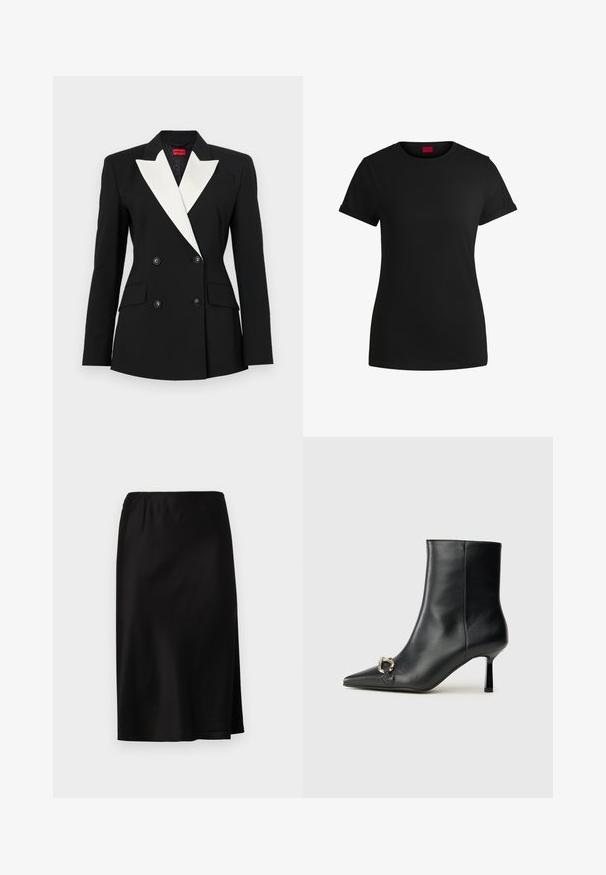Schwarzer Blazer mit doppelt geknöpftem Vorderteil, weißem Schalkragen, zwei Fronttaschen und schwarzen Knöpfen. Hergestellt aus strukturiertem Stoff.; Schwarzes Baumwoll-T-Shirt mit kurzen, aufgerollten Ärmeln, rundem Halsausschnitt und rotem Etikett. Glatte Textur, taillierte Form mit minimalen Details.; Schwarzer Satinrock mit einem elastischen Bund, der auf einer Seite einen Schlitz für mehr Bewegungsfreiheit und eine glatte, glänzende Textur bietet.; Schwarze Leder-Stiefelette mit spitzer Zehe, schlankem, mittelhohem Absatz und silberner Schnalle seitlich vor einem schlichten Hintergrund.