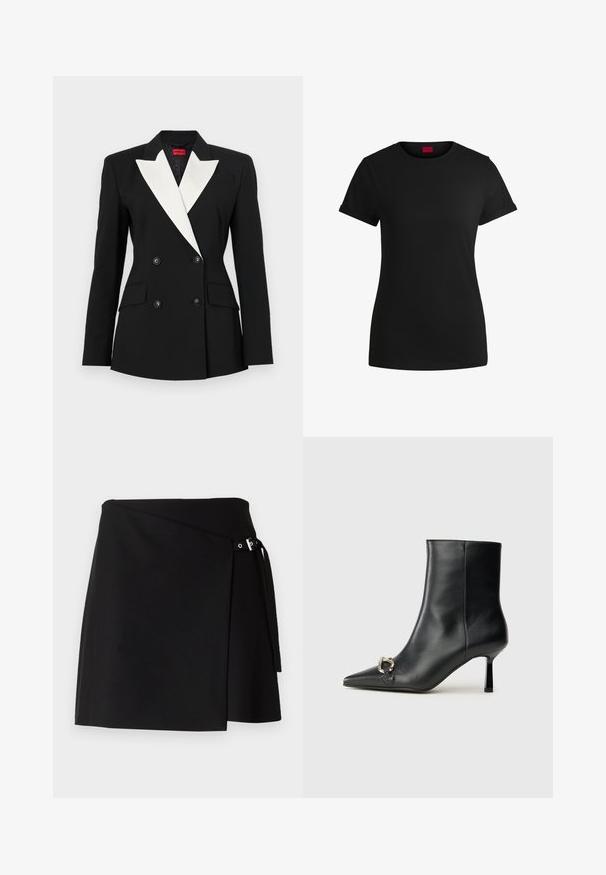 Schwarzer Blazer mit doppelt geknöpftem Vorderteil, weißem Schalkragen, zwei Fronttaschen und schwarzen Knöpfen. Hergestellt aus strukturiertem Stoff.; Schwarzes Baumwoll-T-Shirt mit kurzen, aufgerollten Ärmeln, rundem Halsausschnitt und rotem Etikett. Glatte Textur, taillierte Form mit minimalen Details.; Schwarzer Wickelrock aus strukturiertem Stoff mit seitlichem Schnallendetail und langer Bindeband. Hat einen geraden Schnitt und klare Linien.; Schwarze Leder-Stiefelette mit spitzer Zehe, schlankem, mittelhohem Absatz und silberner Schnalle seitlich vor einem schlichten Hintergrund.