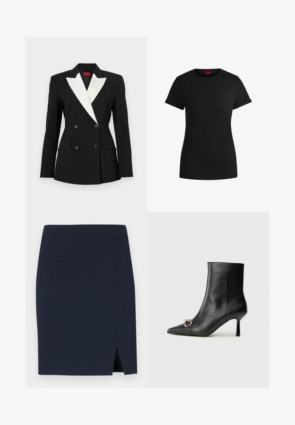 Blazer nero con davanti doppiopetto, risvolto bianco, due tasche frontali e bottoni neri. Realizzato in tessuto strutturato.; T-shirt in cotone nero con maniche corte arrotolate, scollatura rotonda e etichetta rossa. Texture liscia, forma aderente con dettagli minimi.; Gonna aderente blu navy realizzata in un tessuto liscio, con uno spacco posteriore e tre dettagli di cucitura orizzontali nella zona delle tasche frontali.; Stivale alla caviglia in pelle nera con punta affusolata, tacco sottile di media altezza e dettaglio in fibbia argentata sul lato, su sfondo semplice.