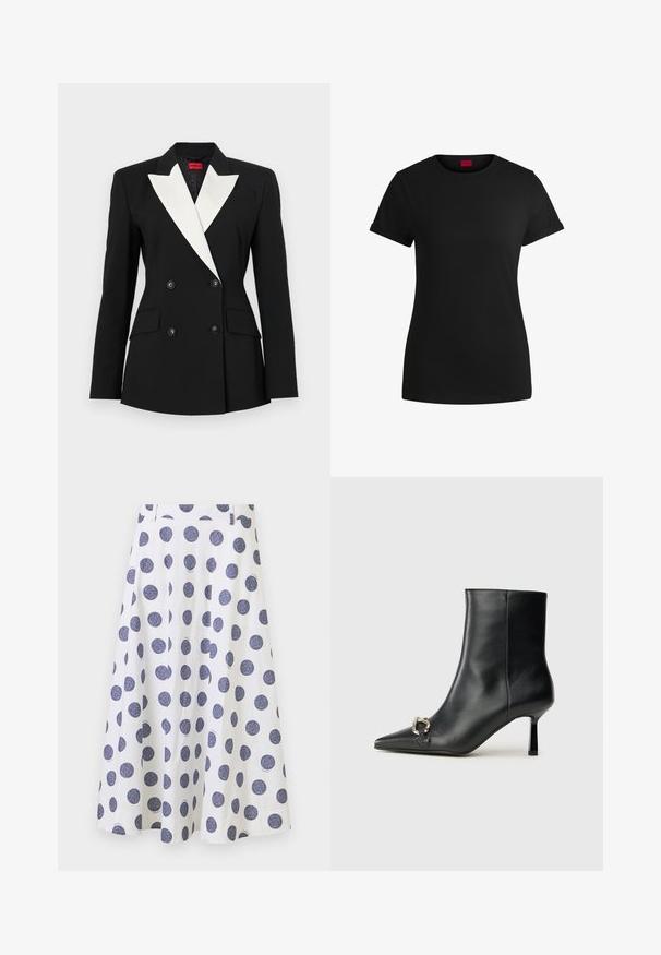 Zwarte blazer met een dubbelgebroken voorkant, witte sjawlrevers, twee voorzakken en zwarte knopen. Gemaakt van een gestructureerde stof.; Zwart katoenen T-shirt met korte opgerolde mouwen, een ronde halslijn en een rood label. Glad textuur, aansluitende pasvorm met minimale details.; Een knielange, witte rok met een uitlopende vorm, voorzien van grote marineblauwe stippen. Het heeft een gladde textuur en geplooide details.; Zwarte leren enkelboot met spitse neus, slanke middenhoge hak en zilveren gespdetail aan de zijkant op een effen achtergrond.