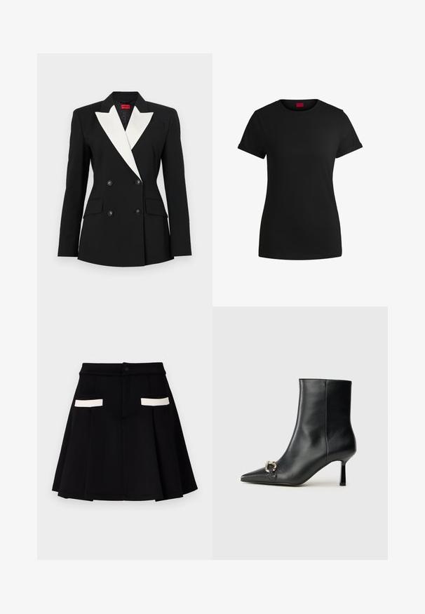 Black blazer with double-breasted front, white shawl lapel, two front pockets, and black buttons. Made of structured fabric.; Black cotton t-shirt with short rolled sleeves, a round neckline, and a red label. Smooth texture, fitted shape with minimal detailing.; Black skirt with a flared design, featuring two front pockets with white accents, a button closure, and a smooth fabric texture.; Black leather ankle boot with pointed toe, slim mid-height heel, and silver buckle detail on side against plain background.
