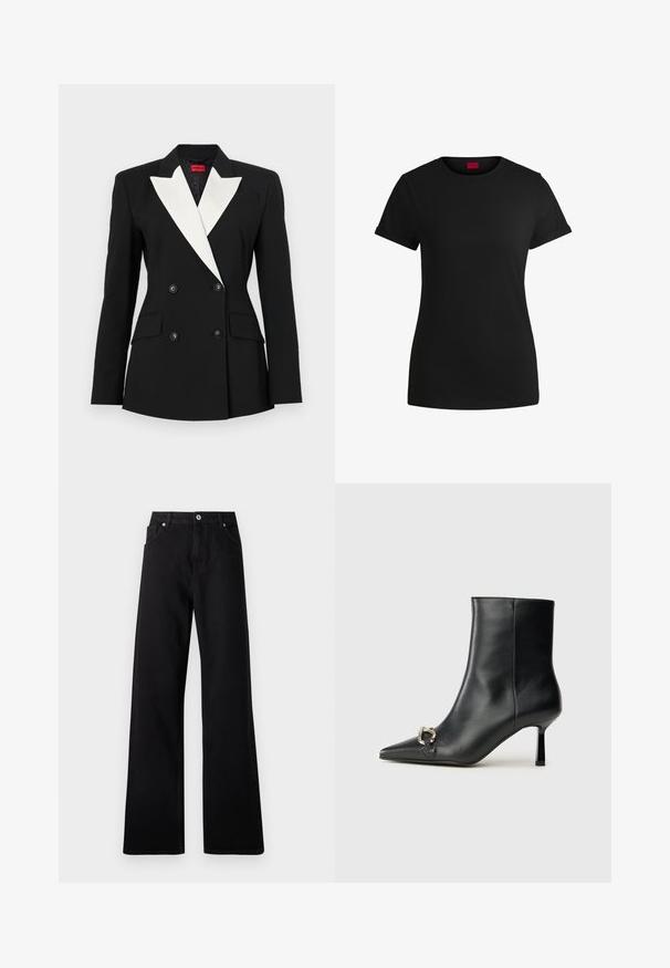 Blazer negro con frente de doble botonadura, solapa blanca de tipo chal, dos bolsillos frontales y botones negros. Fabricado con una tela estructurada.; Camiseta de algodón negra con mangas cortas enrolladas, escote redondo y etiqueta roja. Textura suave, forma ajustada y con un detalle minimalista.; Jeans de pierna ancha negros fabricados en denim con diseño de cinco bolsillos, cierre frontal con botón y detalles de costura sutiles.; Botín negro de cuero hasta el tobillo con punta afilada, tacón delgado de altura media y detalle de hebilla plateada en el lateral, sobre un fondo liso.