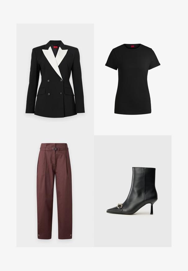 Black blazer with double-breasted front, white shawl lapel, two front pockets, and black buttons. Made of structured fabric.; Black cotton t-shirt with short rolled sleeves, a round neckline, and a red label. Smooth texture, fitted shape with minimal detailing.; Maroon wide-leg trousers made of cotton with a belt at the waist, pleated front, and snaps at the ankle cuffs. Smooth texture, minimal design.; Black leather ankle boot with pointed toe, slim mid-height heel, and silver buckle detail on side against plain background.