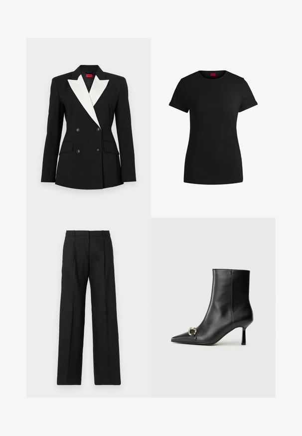 Čierny blejzer s dvojitým predným zapínaním, bielym šálovým klopom, dvomi prednými vreckami a čiernymi gombíkmi. Vyrobený z pevnej látky.; Čierne bavlnené tričko s krátkymi rolovanými rukávmi, okrúhlym výstrihom a červenou nášivkou. Hladká textúra, priliehavý strih s minimálnymi detailmi.; Čierne upravené nohavice s rovno strihanými nohavicami, vybavené ostrými záhybmi a hladkou textúrou. Vyrobené z ľahkého materiálu.; Čierna kožená členková obuv s špicatou špičkou, štíhlým stredne vysokým podpätkom a striebornou sponou na boku na jednoduchom pozadí.