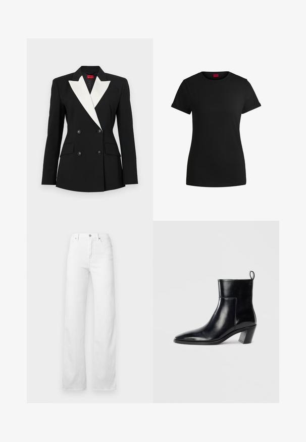 Schwarzer Blazer mit doppelt geknöpftem Vorderteil, weißem Schalkragen, zwei Fronttaschen und schwarzen Knöpfen. Hergestellt aus strukturiertem Stoff.; Schwarzes Baumwoll-T-Shirt mit kurzen, aufgerollten Ärmeln, rundem Halsausschnitt und rotem Etikett. Glatte Textur, taillierte Form mit minimalen Details.; Weiße Denim-Jeans mit einem geraden Bein, Fünf-Taschen-Design und klassischem Knopf- sowie Reißverschluss mit silberner Hardware.; Schwarze Leder-Ankleboots mit spitzem Zeh, geometrischem Blockabsatz und einem Zugband hinten. Glatte Textur und elegantes Design.