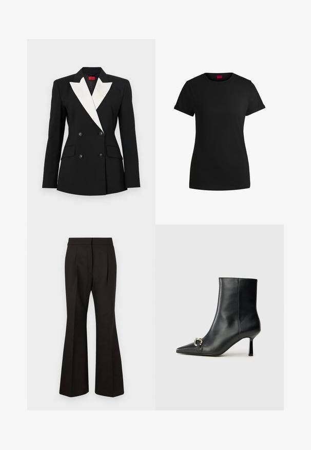 Musternõmber musta bleiseriga, topeltkinnisega esiosa, valge šala krae, kaks eesmist taskut ja mustad nööbid. Valmistatud struktureeritud kangast.; Must must t-särk lühikeste keeratud varrukatega, ümmarguse kaeluse ja punase etiketiga. Sile tekstuur, sobiv kuju minimaalsete detailidega.; Mustad flared püksid siledast materjalist, kõrge vöökoht, küljetaskud ja ees olevad voldid lisatud disainielemendina.; Must mustanvärvi nahast pahklinetopp, millel on terav nina, peen keskmise kõrgusega konts ja hõbedane keha detail külgedel, taustal lihtne taust.