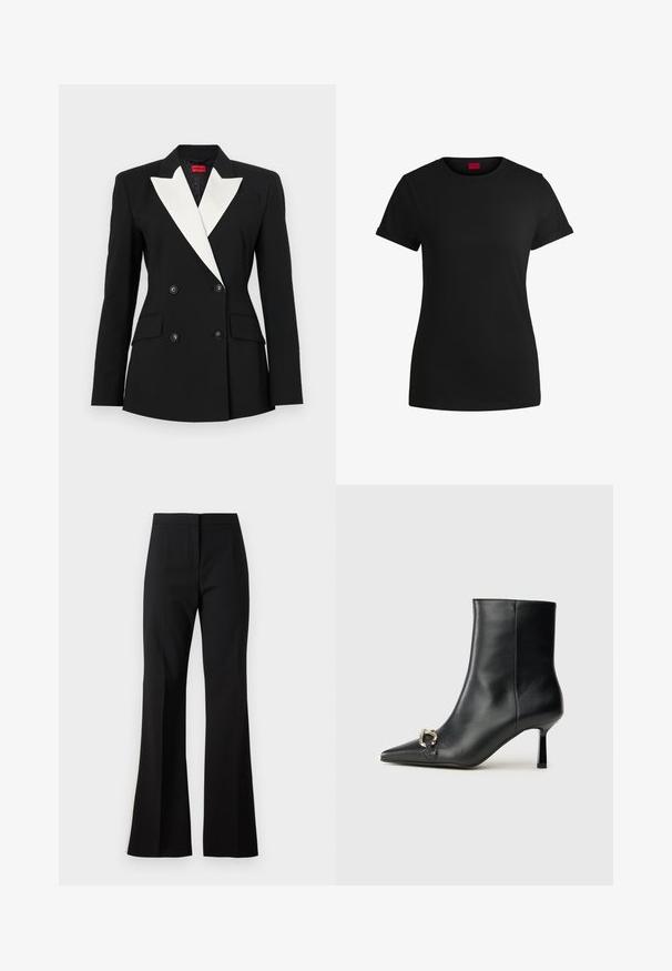 Čierny blejzer s dvojitým predným zapínaním, bielym šálovým klopom, dvomi prednými vreckami a čiernymi gombíkmi. Vyrobený z pevnej látky.; Čierne bavlnené tričko s krátkymi rolovanými rukávmi, okrúhlym výstrihom a červenou nášivkou. Hladká textúra, priliehavý strih s minimálnymi detailmi.; Čierne rozšírené nohavice vyrobené z hladkého materiálu, s rovnými líniami a plochým predným dielom. Pás je navrhnutý tak, aby vytváral priliehavý siluetu bez ozdôb.; Čierna kožená členková obuv s špicatou špičkou, štíhlým stredne vysokým podpätkom a striebornou sponou na boku na jednoduchom pozadí.