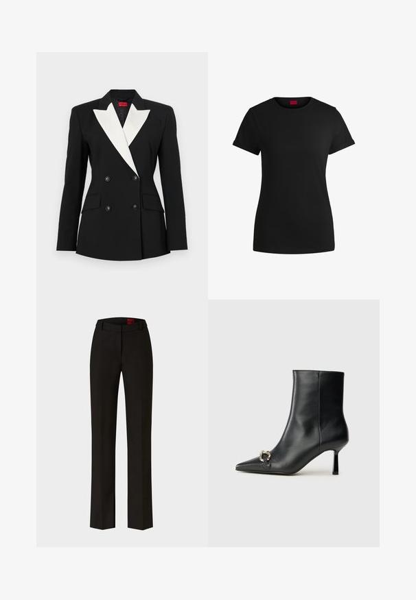 Black blazer with double-breasted front, white shawl lapel, two front pockets, and black buttons. Made of structured fabric.; Black cotton t-shirt with short rolled sleeves, a round neckline, and a red label. Smooth texture, fitted shape with minimal detailing.; Black tailored trousers with a straight leg and belt loops, featuring a subtle crease down the front and a label visible inside the waistband.; Black leather ankle boot with pointed toe, slim mid-height heel, and silver buckle detail on side against plain background.