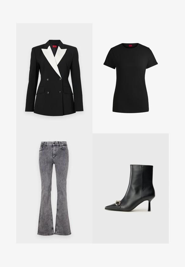 Čierny blejzer s dvojitým predným zapínaním, bielym šálovým klopom, dvomi prednými vreckami a čiernymi gombíkmi. Vyrobený z pevnej látky.; Čierne bavlnené tričko s krátkymi rolovanými rukávmi, okrúhlym výstrihom a červenou nášivkou. Hladká textúra, priliehavý strih s minimálnymi detailmi.; Čierne rozšírené džínsy vyrobené z denimu s bledým prádlom, s piatimi vreckami, so zipsom a kontrastným šitím pozdĺž švov.; Čierna kožená členková obuv s špicatou špičkou, štíhlým stredne vysokým podpätkom a striebornou sponou na boku na jednoduchom pozadí.