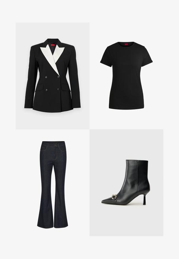 Black blazer with double-breasted front, white shawl lapel, two front pockets, and black buttons. Made of structured fabric.; Black cotton t-shirt with short rolled sleeves, a round neckline, and a red label. Smooth texture, fitted shape with minimal detailing.; Dark blue flared jeans made of denim. Features front pockets, visible stitching, and a button closure at the waist. Smooth texture.; Black leather ankle boot with pointed toe, slim mid-height heel, and silver buckle detail on side against plain background.