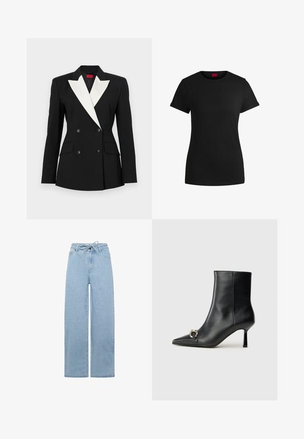 Musternõmber musta bleiseriga, topeltkinnisega esiosa, valge šala krae, kaks eesmist taskut ja mustad nööbid. Valmistatud struktureeritud kangast.; Must must t-särk lühikeste keeratud varrukatega, ümmarguse kaeluse ja punase etiketiga. Sile tekstuur, sobiv kuju minimaalsete detailidega.; Heledad hall sinised teksad, mis on valmistatud denimist, omavad nööriga vööd ja standardset viit taskut. Kangas on sileda tekstuuriga.; Must mustanvärvi nahast pahklinetopp, millel on terav nina, peen keskmise kõrgusega konts ja hõbedane keha detail külgedel, taustal lihtne taust.