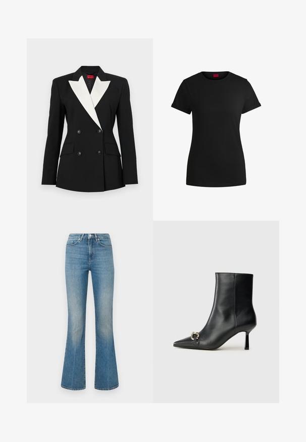 Schwarzer Blazer mit doppelt geknöpftem Vorderteil, weißem Schalkragen, zwei Fronttaschen und schwarzen Knöpfen. Hergestellt aus strukturiertem Stoff.; Schwarzes Baumwoll-T-Shirt mit kurzen, aufgerollten Ärmeln, rundem Halsausschnitt und rotem Etikett. Glatte Textur, taillierte Form mit minimalen Details.; Hellblaue Bootcut-Jeans aus Denim. Verfügt über einen Bund mit einem Knopf und einer ausgewaschenen Optik, der sich zu einem weiten Saum an den Knöcheln verjüngt.; Schwarze Leder-Stiefelette mit spitzer Zehe, schlankem, mittelhohem Absatz und silberner Schnalle seitlich vor einem schlichten Hintergrund.
