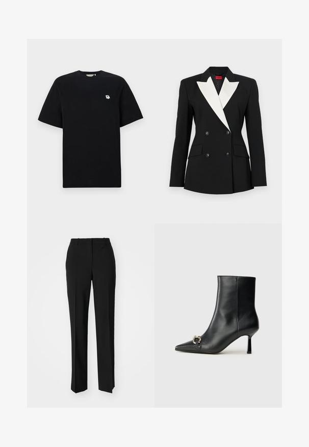Black blazer with double-breasted front, white shawl lapel, two front pockets, and black buttons. Made of structured fabric.; Black cotton t-shirt with short sleeves, featuring a small white flower embroidery on the left chest. Standard fit and crew neck design.; Black tailored trousers with a straight-leg design, featuring a smooth texture and crisp creases along the front. No visible hardware.; Black leather ankle boot with pointed toe, slim mid-height heel, and silver buckle detail on side against plain background.