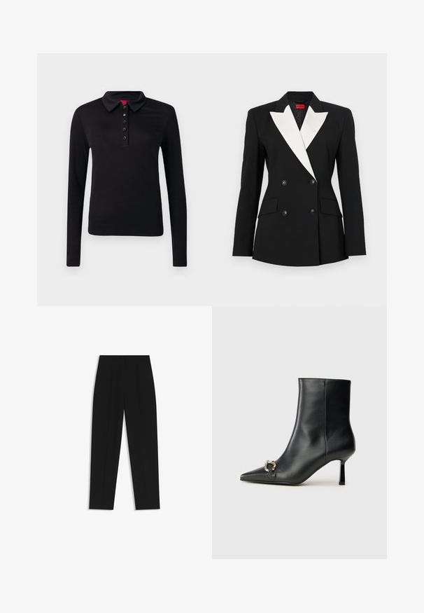 Black blazer with double-breasted front, white shawl lapel, two front pockets, and black buttons. Made of structured fabric.; Black long-sleeve polo shirt, made of smooth fabric, featuring a collar, six-button placket, and a straight hem with no visible patterns.; Black trousers with a straight fit, featuring double pleats, a smooth texture, and a classic waistband design. No visible hardware or accents.; Black leather ankle boot with pointed toe, slim mid-height heel, and silver buckle detail on side against plain background.