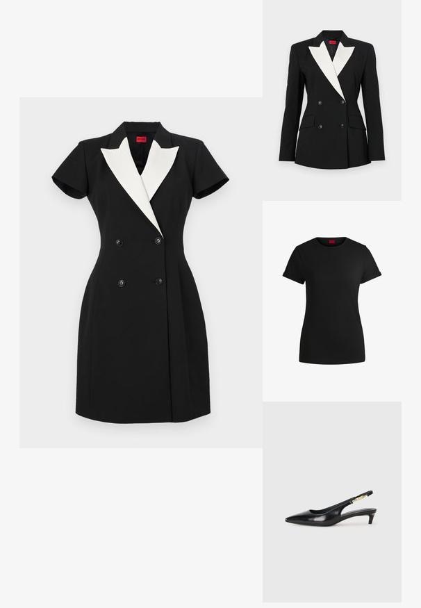 Svart blazer med dobbelspent front, hvit sjal-lapel, to frontlommer og svarte knapper. Laget av strukturert stoff.; Svart bomulls-t-skjorte med korte, rullede ermer, rund halslinning og rød etikett. Glatt tekstur, tettsittende fasong med minimale detaljer.; Svart dobbelbrystet kjole med korte ermer, hvite sjal-lapper og svarte knapper. Skreddersydd passform med en strukturert design.; Sorte lærreim hæler med spiss tå, som har en slank hæl og en gullfarget detalj på den justerbare stroppen. Glatt tekstur.