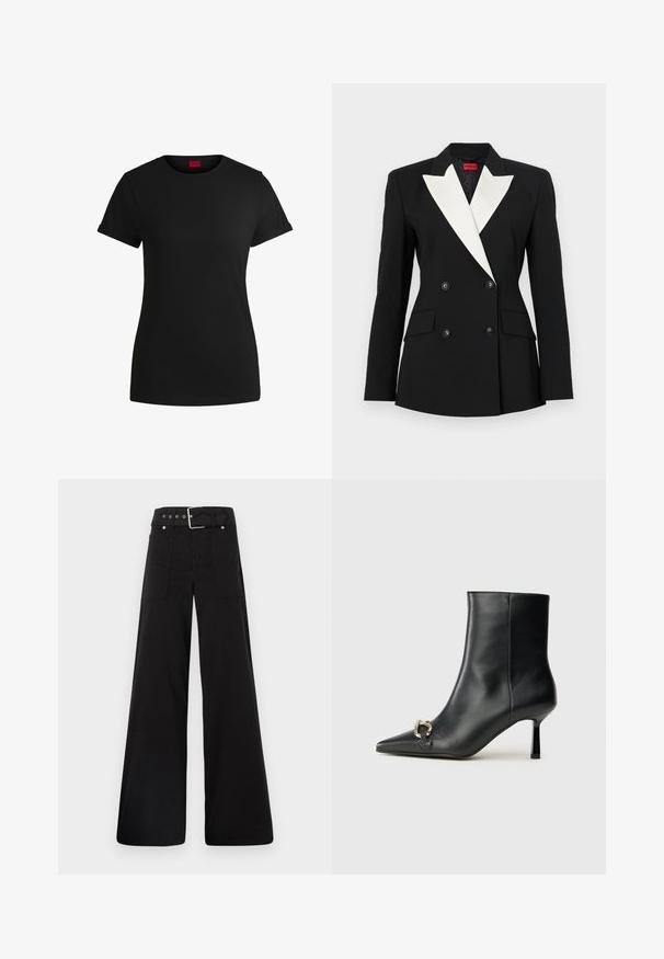 Black blazer with double-breasted front, white shawl lapel, two front pockets, and black buttons. Made of structured fabric.; Black cotton t-shirt with short rolled sleeves, a round neckline, and a red label. Smooth texture, fitted shape with minimal detailing.; Black wide-leg trousers made from cotton, featuring a high waist, large side pockets, and a belted waist with silver hardware accents.; Black leather ankle boot with pointed toe, slim mid-height heel, and silver buckle detail on side against plain background.