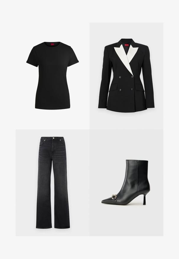 Schwarzer Blazer mit doppelt geknöpftem Vorderteil, weißem Schalkragen, zwei Fronttaschen und schwarzen Knöpfen. Hergestellt aus strukturiertem Stoff.; Schwarzes Baumwoll-T-Shirt mit kurzen, aufgerollten Ärmeln, rundem Halsausschnitt und rotem Etikett. Glatte Textur, taillierte Form mit minimalen Details.; Schwarze, hochtaillierte, weite Jeans mit Knopfverschluss und frontalen Taschen, die an den Oberschenkeln leicht ausgewaschene Details aufweisen.; Schwarze Leder-Stiefelette mit spitzer Zehe, schlankem, mittelhohem Absatz und silberner Schnalle seitlich vor einem schlichten Hintergrund.